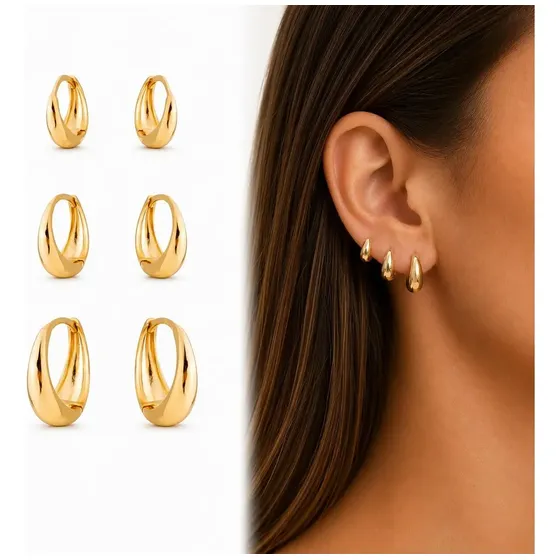 3 Pares Brinco Trio De Argola Gota Clicker Ouro 18k Banhada — foto 2