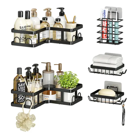 Organizador Esquinero De Ducha 5 Piezas Baño Negro Adhesivos