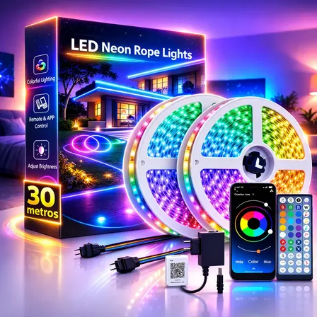 Fita De Luz Neon Led Rgb App E Remoto 30 Metros Agua Resiste Rgb 127/220v 12v