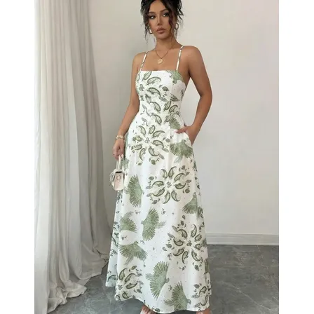 Vestido Longo Feminino Alças Fina Estampa Folhas Moda Verão Branco/verde Único