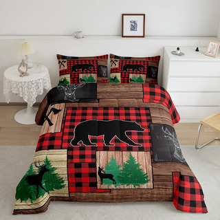 Edredón Rústico Para Cama Queen Con Estampado De Oso Y Alce Edredón Rústico Para Cama Queen Con Estampado De Oso Y Alce