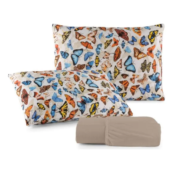 Jogo De Cama Queen Lençol 3 Peças 100% Algodão - Estampado Cor R2 Desenho Do Tecido Liso Com Fronhas Estampadas