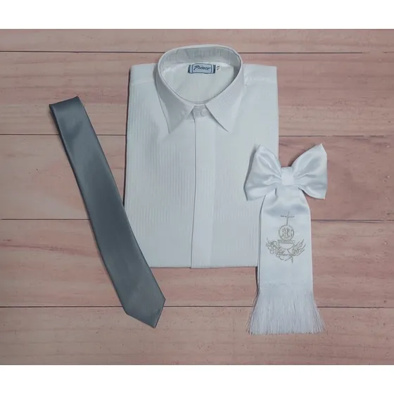 Combo Comunión Camisa Corbata Y Brazal Dorado Plateado