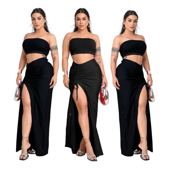 Saia Com Fenda E Cropped Bojo Conjunto Casual Elegante Verão