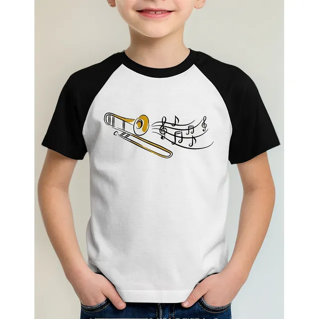 Camiseta Raglan Infantil Trombone Notas Musicais
