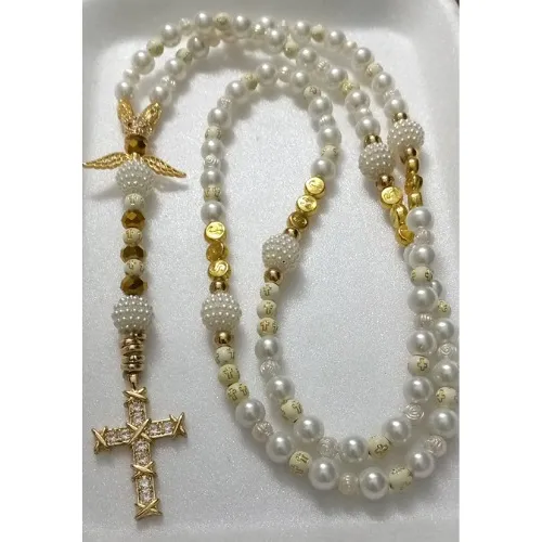 Rosario Perla Blanco, Cristales Cruz En Acero