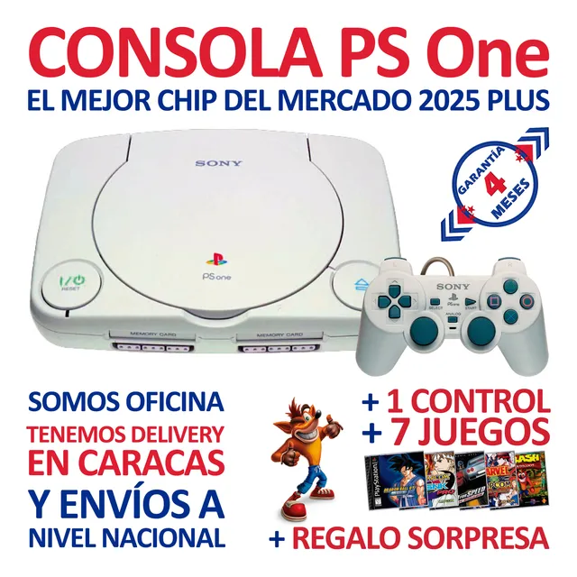 Ps1, Ps One Sony Playstation: Consola + Chip + 7 Juegos