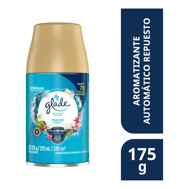 Aromatizante Automático en Aerosol Glade, Frescura Programable para tu Hogar durante Hasta 70 Días, Aroma Paraíso Azul, Repuesto de 270 ml