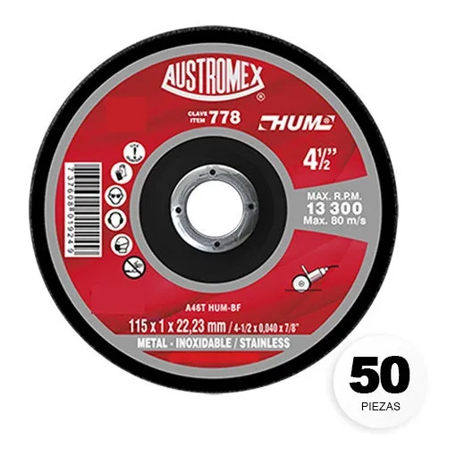 Disco De Corte Austromex Hum® 778 115mm X 1mm Color Rojo 50pzas
