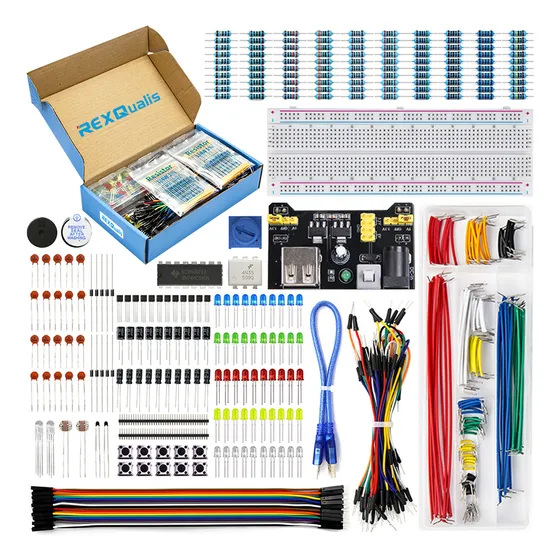 REXQualis Kit De Componente Electrónicos c/Modulo Fuente de Poder, Cable de Puente, 830 tie-Points Breadboard, Potenciometro de Precision,Resistor Compatible con Arduino, Raspberry Pi
