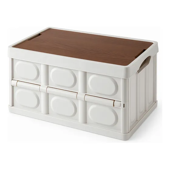 Caja Organizadora Plegable Con Tapa Simil Madera Apilable Blanco/madera