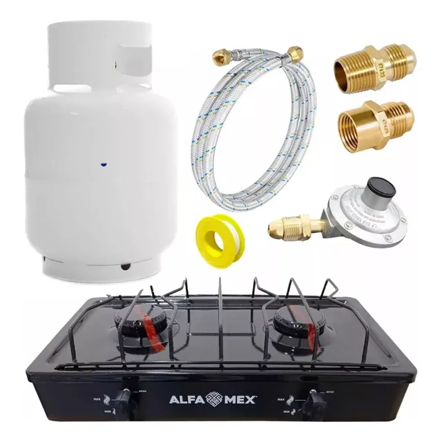 Kit Parrilla 2 Quemadores Gas Tanque 9 Kg Y Accesorios
