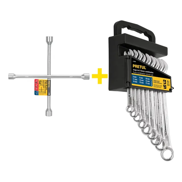 Llave De Ruedas Cruz 14  +llaves Mixtas Combinadas 9 Piezas,
