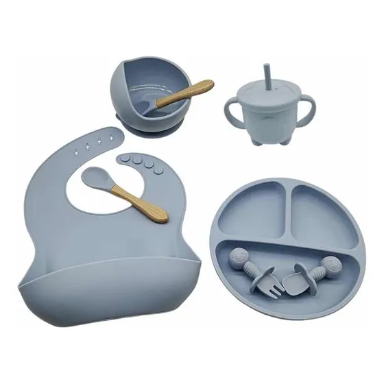 Set De Vajilla Silicona Sin Bpa Succión Plato Babero Vaso
