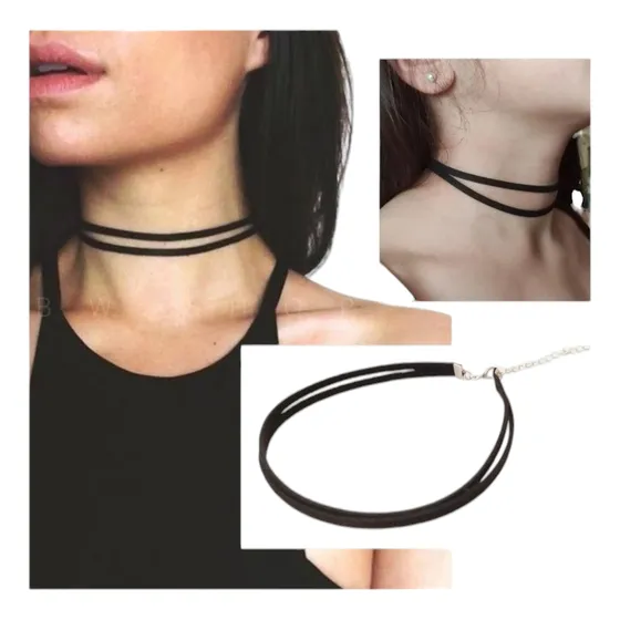 Collar Choker Gargantilla Cordón Cuero Gamuzado Doble 