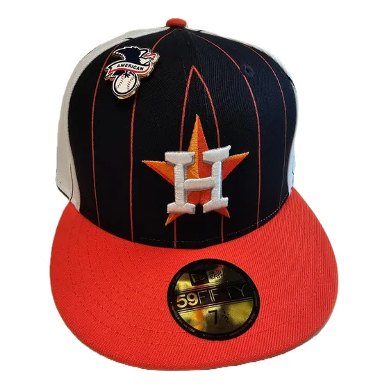 Gorra New Era 59 Fifty Cerrada Houston Astros Mlb Pinstripe Azul Obscuro Con Naranja Rayas 7 1/2