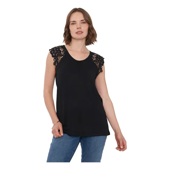 Polera Mujer Hombros Macramé Color Negro Corona