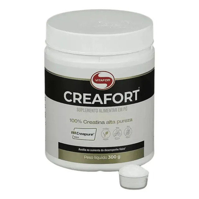 Pote branco de Creatina Creafort Vitafor 300g com tampa branca e medidor contendo pó ao lado