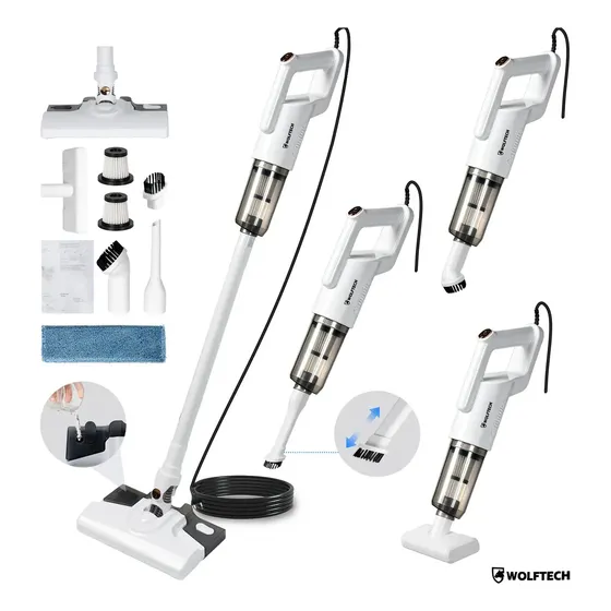 Aspiradora Trapeadora Vertical Con Cable Multifuncion 600ml Color Blanco Marca WOLFTECH
