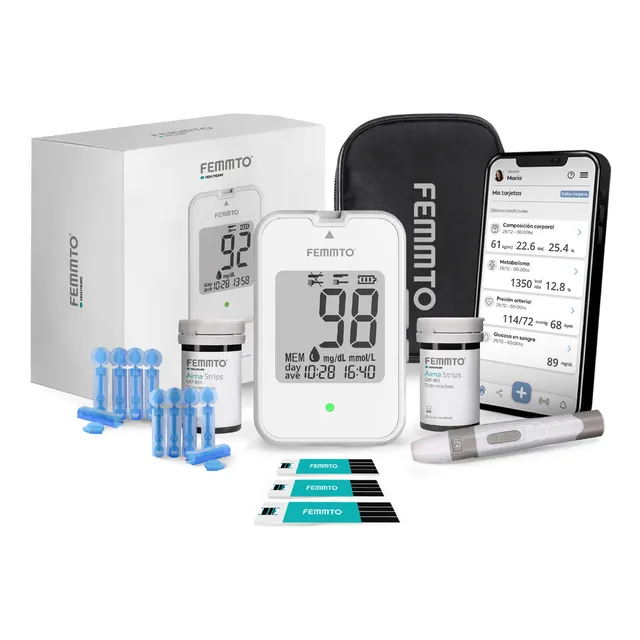 Kit Medidor De Glucosa Aparato Medir Glucometro Digital Diabetes 50 Tiras Reactivas Punzador Estuche Femmto Kf-b12