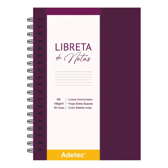 Libreta De Notas A5 Anillado Papel Beige 100gr X 80hj Adetec Color Bordó