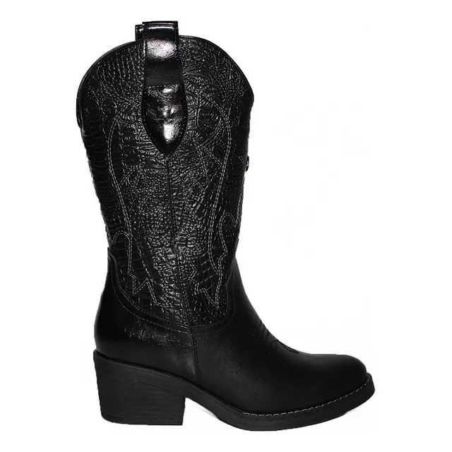 Botas De E-cuero Cowboy Bordado Negro Texanas Vaqueras