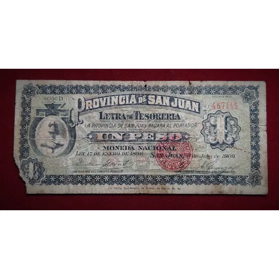Billete 1 Peso Provincia De San Juan 1909 
