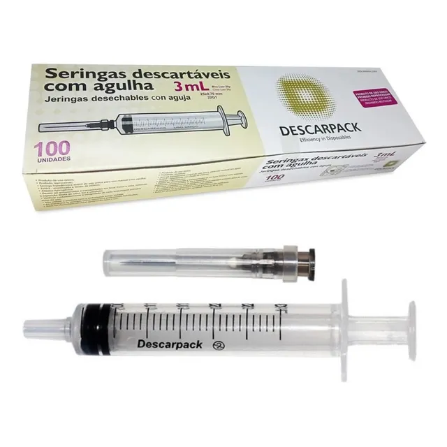 Seringa 3ml Luer Slip + Agulha 25x7 - Caixa C/ 100 Unidades