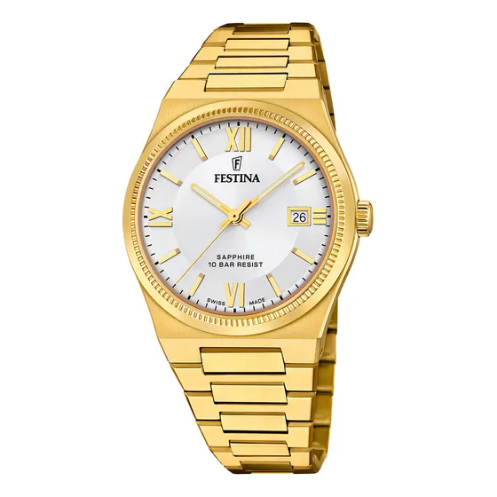 Reloj Festina Swiss Swiss Hombre Dorado Caballero Fondo Plateado