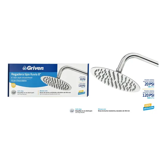 Regadera Redonda 8 Pulgadas Griven Con Tubo 50cm