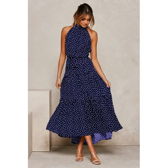 Maxivestido Dama Con Volado Y Cuello Halter Lunares