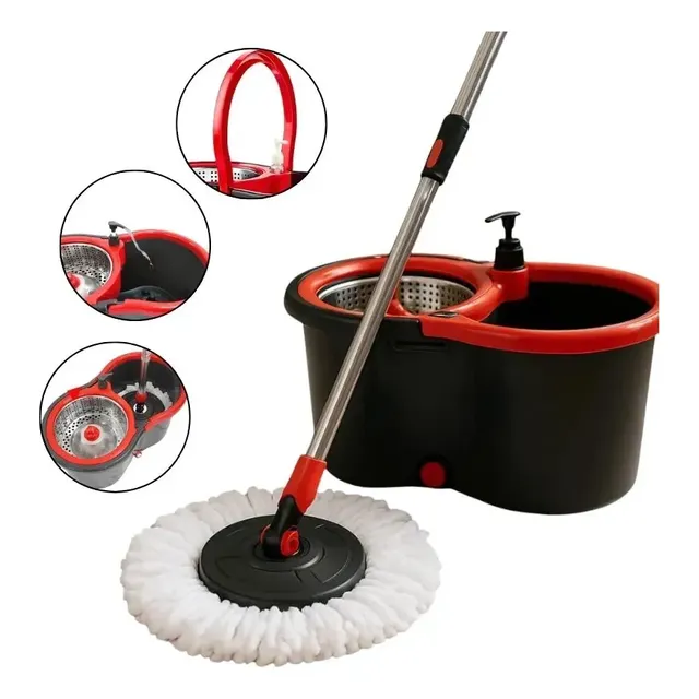 Mop Giratório Balde Cesto Inox Limpeza Esfregão 360 Cor Preto E Vermelho