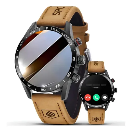 Relógio Inteligente Homens Smartwatches Chamada Bluetooth Preto Couro Marrom