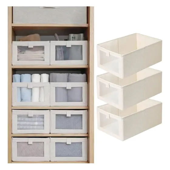 Organizadora Guarda Roupa Cesto Dobrável Gaveta Bege 3 Kit