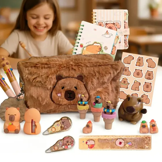 Kit Papelaria Escolar Kawaii Volta Aulas Capivara 10 Pç Fofa Caderno Caneta Estojo Borracha Adesivo Lápis Marca Texto Presente Criativo Infantil Material Escolar Menina Louis Riel Acústico