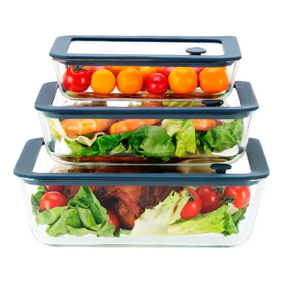 EasyWare Juego de 3 Refractarios de Vidrio, Con Tapa De Vidrio con Válvula de vapor. y Empaque de silicona Hermético, A pureba de fugas, Tamaños Grandes. Saludable sin BPA.