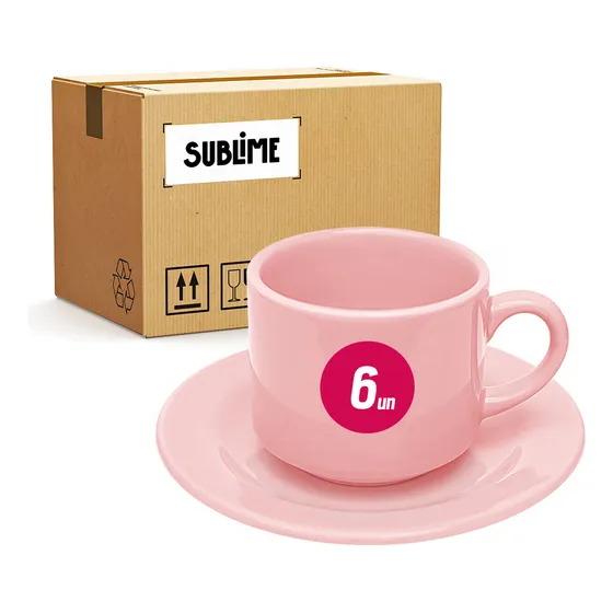 6 Xícara Com Pires Resinada Sublimação Café Empilhável 180ml Cor Rosa