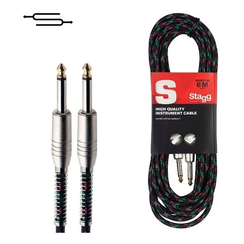 Cable Plug Tela Profesional Instrumentos - 6m Guitarra Bajo Color Negro