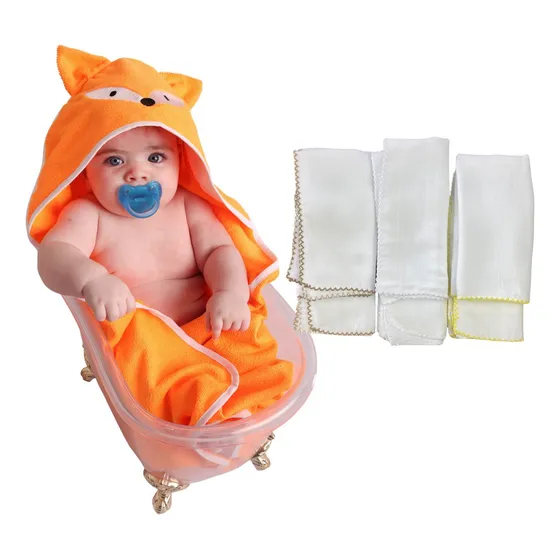 Kit Toalha Banho Bebê + 6 Toalhinhas Fraldas De Boca