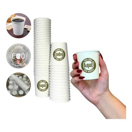 100un Copo Papel Bio Café 140ml Branco Personalizado Brinde