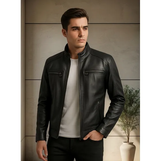 Jaqueta Slim De Couro Masculina Estilo Motoqueiro Zíper