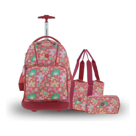 Kit Chenson Mochila A Ruedas Modelo Floris + Lapicera + Lonchera Escolar Niñas