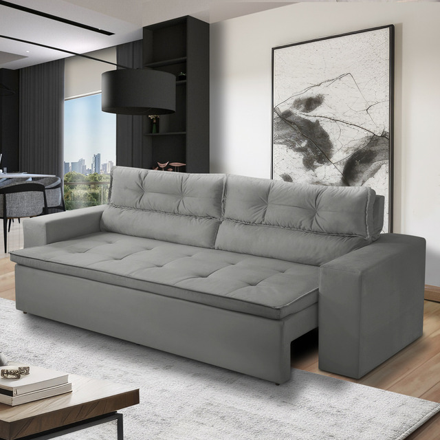 Sofá Retrátil Reclinável 3 Lugares C Molas 1,80m Vegas Suede Cor Cinza Sofá Retrátil Reclinável 3 Lugares C Molas 1,80m Vegas Suede Cor Cinza