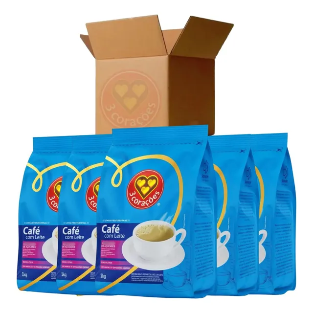 Caixa 5 Café Com Leite Baixo Açúcar Vending 3 Corações 1kg