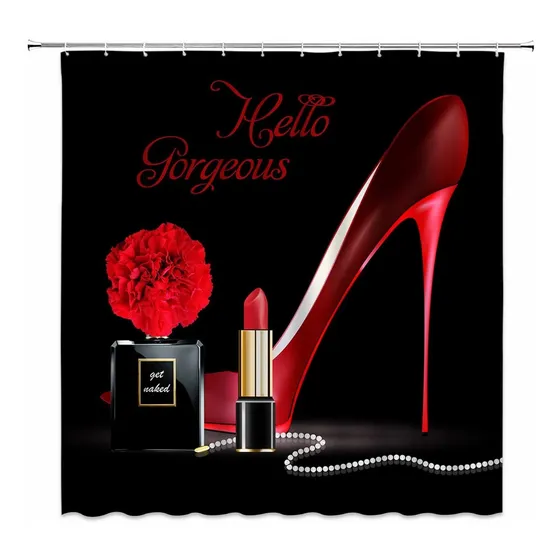 Cortina Ducha Tacon Alto Rojo Diseño Hello Gorgeous Perfume