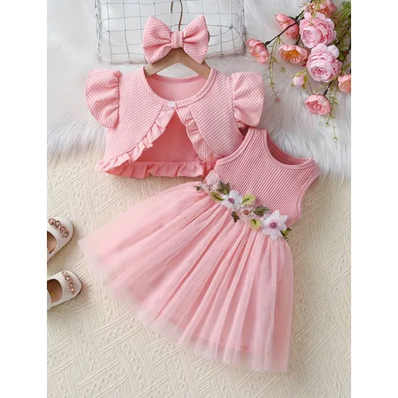 Encantador Conjunto De Vestido + Torera Corta + Vincha