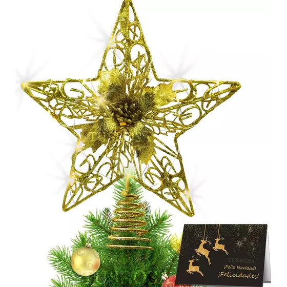Gran Estrella Navideña 30cm Punta Árbol Dorada 25 Led Con Luces De Navidad LED, Detalles De Diseño De Flores De Navidad, Viene Con Una Tarjeta De Navidad