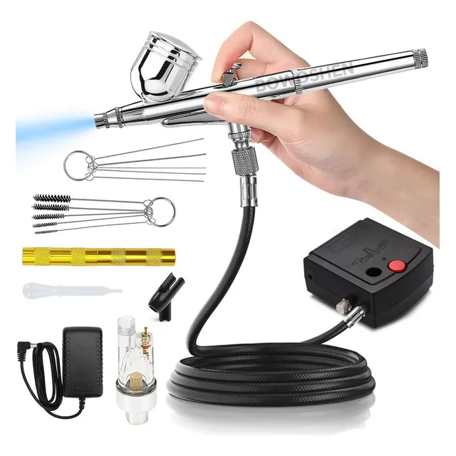 Aerógrafo Neumático BOWOSHEN Kit de Aerógrafo con Compresor de Aire Para Pintura, Pistola de Cepillo de Aire Portátil de Alta Presión Cepillos de Aire con Boquilla Para Pintura, Uñas, Maquillaje, Arte