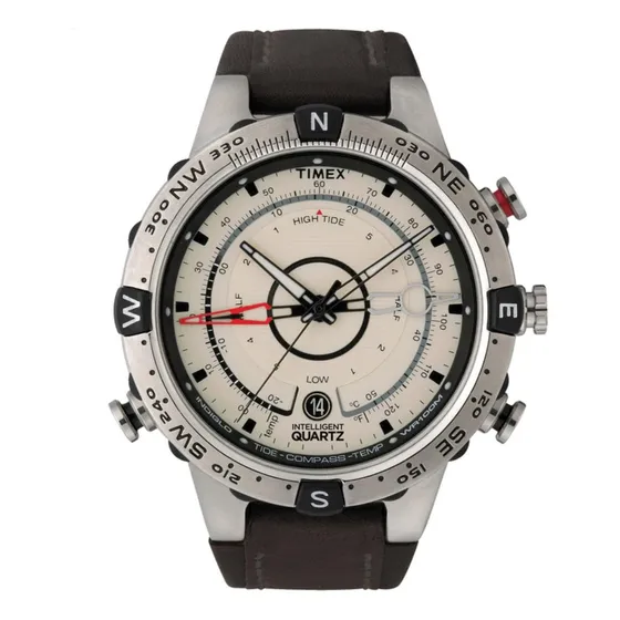 Reloj pulsera Timex T2N721 con correa de cuero color marrón - fondo beige - bisel plata