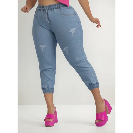 Calça Jeans Plus Size Feminina Jogger Cintura Elástico Lycra
